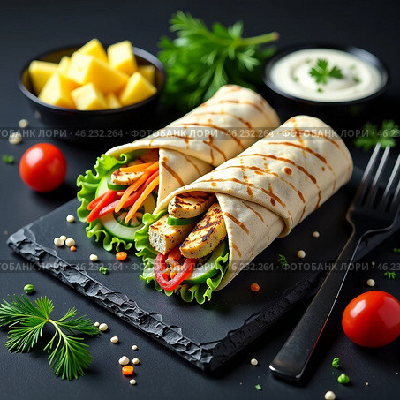 Шаурма с курицей и овощами на деревянной доске с соусом на столе, украшенном зеленью и помидорами черри. Быстрое питание, служба доставки. Shawarma with chicken and vegetables on a wooden board with sauce on a table decorated with greens and cherry tomatoes. Fast food, delivery service. Стоковое AI-изображение, AI-художник Гер Олег / Фотобанк Лори