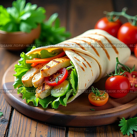 Шаурма с курицей и овощами на деревянной доске с соусом на столе, украшенном зеленью и помидорами черри. Быстрое питание, служба доставки. Shawarma with chicken and vegetables on a wooden board with sauce on a table decorated with greens and cherry tomatoes. Fast food, delivery service. Стоковое AI-изображение, AI-художник Гер Олег / Фотобанк Лори