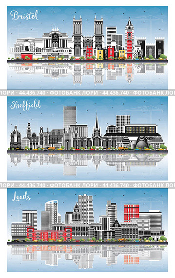 Sheffield, Leeds and Bristol UK City Skyline Set. Стоковая иллюстрация, иллюстратор Игорь Сорокин / Фотобанк Лори