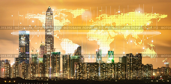 Shenzhen, China sunset scenery, skyline building city, concept of digital online worldwide business and urban city international connection market term, Elements of this image furnished by NASA. Стоковое фото, агентство Ingram Publishing / Фотобанк Лори
