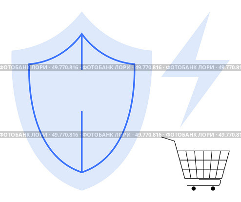 Shield, lightning bolt, and shopping cart symbols imply security, speed, and e-commerce. Ideal for online shopping, cybersecurity, digital services, fast delivery, and consumer protection themes. Shopping Cart with Shield and Lightning Bolt Representing Secure and Fast Online Transactions. Стоковая иллюстрация, агентство Ingram Publishing / Фотобанк Лори