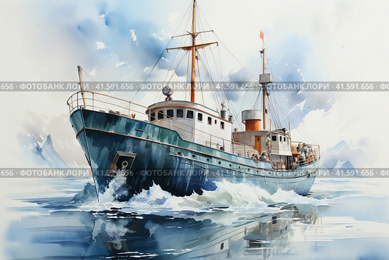 Ship among the ice, watercolor, Generative AI. Стоковое AI-изображение, AI-художник Анна Кривицкая / Фотобанк Лори