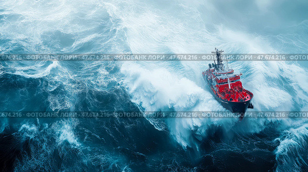 Ship Confronts Tempest: A solitary vessel braves churning aqua leviathan amid raging storm, facing a colossal wave under a foreboding sky. Стоковое AI-изображение, AI-художник Данила Большаков / Фотобанк Лори
