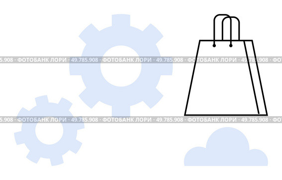 Shopping bag alongside gears and cloud emphasizing smart retail, tech-driven commerce, and sustainability. Ideal for e-commerce, automation, digital marketing, retail management, tech solutions. Geared Shopping Seamless Integration of Retail and Technology. Стоковая иллюстрация, агентство Ingram Publishing / Фотобанк Лори