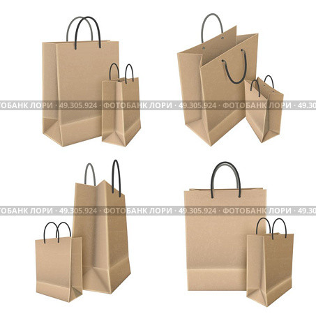 Shopping Bags From Craft Paper Set. Set of shopping bags from craft paper with handles on white background 3d design isolated vector illustration. Стоковая иллюстрация, агентство Ingram Publishing / Фотобанк Лори