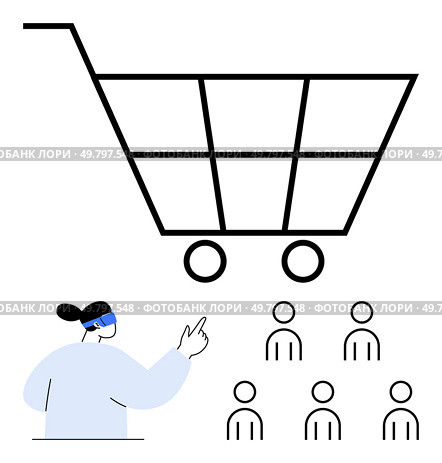 Shopping cart healthcare worker in mask, six people. Ideal for safety, health, online shopping, distancing, guidance, consumer behavior, pandemic protocols. Line metaphor. Online Shopping Guidance by Health Professional Highlighting Importance and Social Distancing Measures. Стоковая иллюстрация, агентство Ingram Publishing / Фотобанк Лори