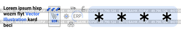 Shopping cart icon, ERP system icons, card with asterisks. Ideal for e-commerce, online shopping, cybersecurity, ERP integration, payment processing, digital transactions, and business automation. Shopping Cart and Online Security Concept with Card Elements and ERP Systems. Стоковая иллюстрация, агентство Ingram Publishing / Фотобанк Лори