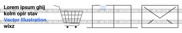 Shopping cart icon, segment of a website layout, and envelope symbol. Ideal for e-commerce, digital marketing, website design, UI/UX, email marketing, online shopping, internet services. Banner. Shopping Cart, Website Layout, and Envelope Illustrations for E-commerce and Digital Marketing. Стоковая иллюстрация, агентство Ingram Publishing / Фотобанк Лори