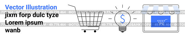 Shopping cart light bulb with dollar sign and store window with awning. Ideal for e-commerce online shopping business ideas and digital marketing. Banner for landing page. Online Shopping and E-Commerce Solutions Featuring Shopping Cart Lightbulb and Online Storefront. Стоковая иллюстрация, агентство Ingram Publishing / Фотобанк Лори