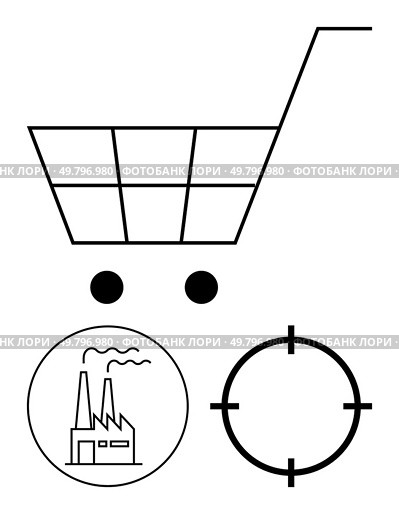 Shopping cart outline above factory icon and target symbol represents supply chain sourcing and industrial processes. Ideal for business strategy, procurement, manufacturing goals, supply chain. Shopping Cart with Factory Icon and Target Symbol Representing Industrial Sourcing Goals. Стоковая иллюстрация, агентство Ingram Publishing / Фотобанк Лори