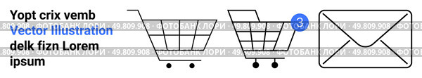 Shopping carts and email envelope convey themes of e-commerce, digital communication, shopping, sales, online orders, and notifications. Ideal for websites, apps, and marketing materials. Landing. Shopping Cart Icons and Email Envelope for E-commerce and Communication. Стоковая иллюстрация, агентство Ingram Publishing / Фотобанк Лори