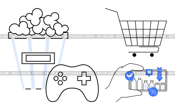Shopping concept. A popcorn bucket, game controller, shopping cart, and smartphone with shopping icons. Ideal for digital shopping, e-commerce, entertainment, online gaming, and retail promotions. Digital Shopping, Entertainment, and Online Retail Themes with Minimalist Design. Стоковая иллюстрация, агентство Ingram Publishing / Фотобанк Лори