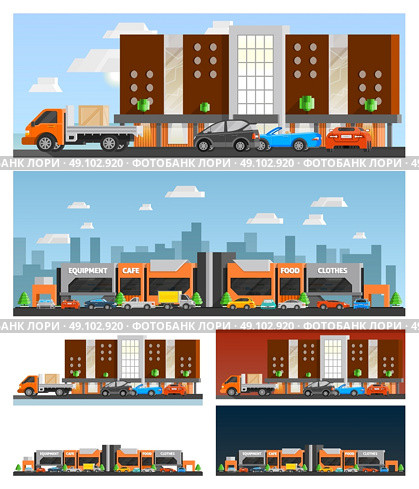 Shopping Mall And City Compositions. Shopping mall and city orthogonal compositions set with food and clothes symbols flat isolated vector illustration . Стоковая иллюстрация, агентство Ingram Publishing / Фотобанк Лори