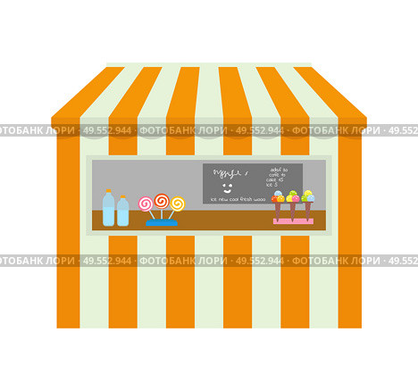 Shopping spot on amusement park vector, candy lollipop and ice cream, board with chalk marks. Striped tent to sell food and desserts, water in bottles. Amusement Park Tent with Items to Buy, Shop Kiosk. Стоковая иллюстрация, агентство Ingram Publishing / Фотобанк Лори