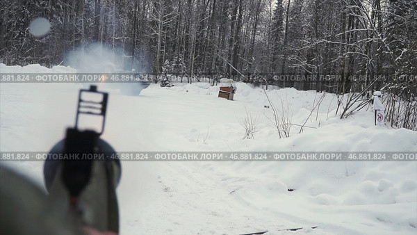 Shot from a grenade launcher on the tank in the winter forest. Стоковая иллюстрация, иллюстратор David Kashakhi / Фотобанк Лори