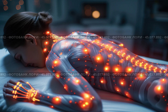Shoulder-scapular periarthritis, muscle spasm, lumbar and neck pain, intervertebral spine hernia, woman with back pain, spinal disc disease, hip joint arthritis, chiropractic and osteopathy. Стоковое AI-изображение, AI-художник Станислав Тарко / Фотобанк Лори