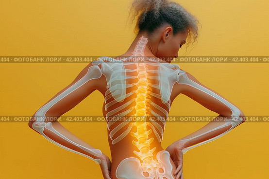 Shoulder-scapular periarthritis, shoulder blades, lumbar and neck pain, intervertebral spine hernia, woman with back pain on yellow background, spinal disc disease, hip joint arthritis, AI Generated. Стоковое AI-изображение, AI-художник Станислав Тарко / Фотобанк Лори