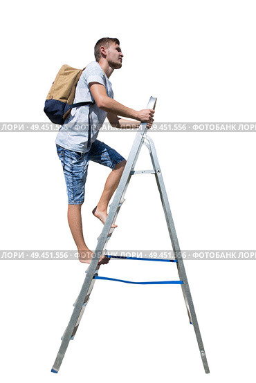Side view full length portrait of a casual young man traveler climbing a ladder carrying a backpack looking away isolated over white background. Стоковое фото, агентство Ingram Publishing / Фотобанк Лори