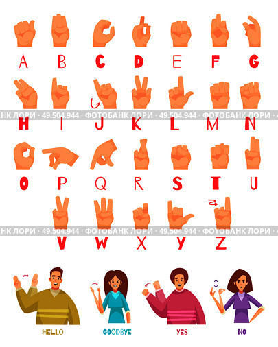 Sign language alphabet set with deaf people talking symbols flat isolated vector illustration. Стоковая иллюстрация, агентство Ingram Publishing / Фотобанк Лори