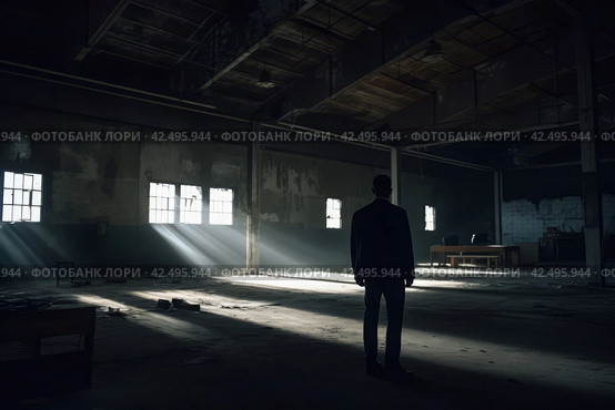 Silhouette fbi agent warehouse facility. Generate Ai. Стоковое AI-изображение, AI-художник Иван Рябоконь / Фотобанк Лори