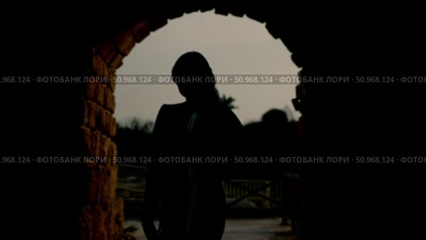 Silhouette of a girl with a violin at sunset whose hair is blowing in the wind. Стоковое видео, видеограф Tatiana Malinsky / Фотобанк Лори