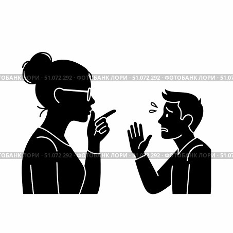 Silhouette of woman with glasses raising finger to upset man with hand extended. Silhouette woman scolding, man worried and showing emotion, trying to explain, or apologize for misdeeds. Стоковое AI-изображение, AI-художник Ольга Березина / Фотобанк Лори