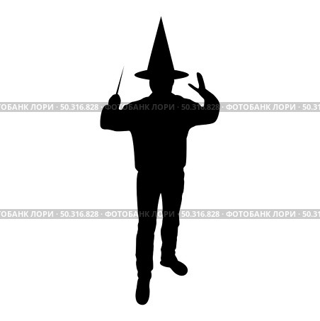 Silhouette wizard holds magic wand trick waving sorcery concept magician sorcerer fantasy person warlock man in robe with magical stick witchcraft in hat mantle mage conjure mystery idea enchantment black color vector illustration flat style simple image. Silhouette wizard holds magic wand trick waving sorcery concept magician sorcerer fantasy person warlock man in robe with magical stick witchcraft in hat mantle mage conjure mystery idea enchantment black color vector illustration flat style image. Стоковая иллюстрация, агентство Ingram Publishing / Фотобанк Лори
