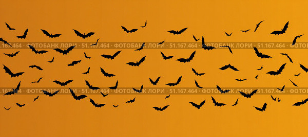 Silhouetted bats soaring across vivid orange backdrop, representing haunting halloween imagery with dramatic seasonal contrast and nocturnal wildlife movement. Стоковое AI-изображение, AI-художник Юрий Поздников / Фотобанк Лори