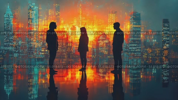 Silhouetted figures converse against a dazzling city skyline, reflecting the vibrant atmosphere of urban life at dusk. Стоковое AI-видео, аниматор Данила Большаков / Фотобанк Лори