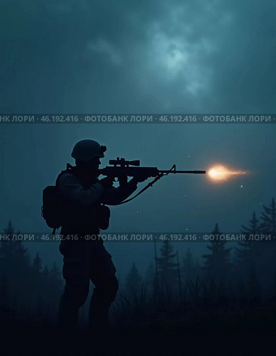 Silhouettes of military soldiers maneuver through thick fog, preparing for an active confrontation. Atmosphere is tense as the sun begins to rise. The military goes on the night attack. Generative AI. Стоковое AI-изображение, AI-художник Юлия Петровская / Фотобанк Лори