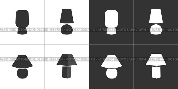 Силуэты настольных ламп. Черные и белые иконки. Table lamp silhouettes. Black and white icons. Стоковая иллюстрация, иллюстратор Ирина Щербакова / Фотобанк Лори