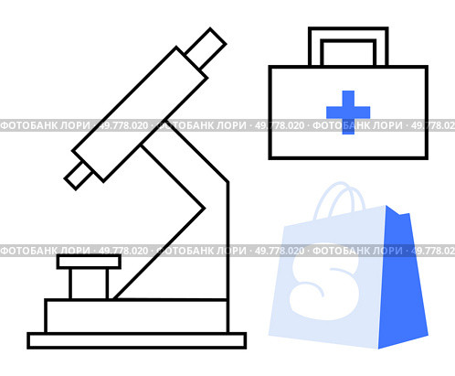 Simplified drawings of a microscope, a medical kit with a cross, and a blue shopping bag. Ideal for medical research, healthcare, science, shopping, online commerce. Line art style, clean, minimal. Microscopy, Medical Kit, and Shopping Bag. Стоковая иллюстрация, агентство Ingram Publishing / Фотобанк Лори