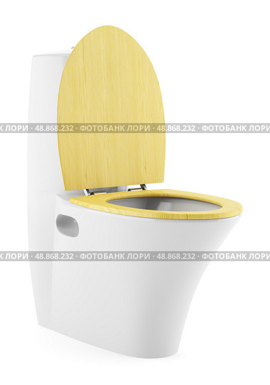 single modern toilet bowl with wooden cover isolated on white background. Стоковое фото, агентство Ingram Publishing / Фотобанк Лори