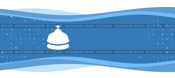 Синий волнистый баннер с белым символом звонка на стойке регистрации слева. На заднем плане видны маленькие белые фигуры, некоторые выделены красным цветом. С правой стороны есть пустое место для текста. Стоковая иллюстрация, иллюстратор Карпенко Алексей / Фотобанк Лори