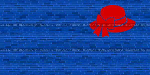 Синяя кирпичная стена с большим символом красной женской шляпы. Символ расположен справа, слева есть пустое место для вашего контента. Иллюстрация на синем фоне. Стоковая иллюстрация, иллюстратор Карпенко Алексей / Фотобанк Лори