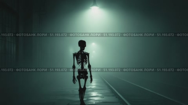 Skeleton figure walking through foggy railway station illuminated by eerie overhead lights. Стоковое AI-видео, аниматор Данил Руденко / Фотобанк Лори