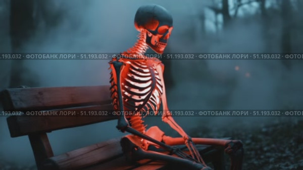 Skeleton seated on a bench in a foggy forest, illuminated with eerie glowing light. Стоковое AI-видео, аниматор Данил Руденко / Фотобанк Лори
