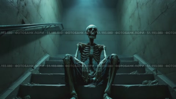 Skeleton seated on stairs in dimly lit corridor, showcasing eerie atmosphere and shadows. Стоковое AI-видео, аниматор Данил Руденко / Фотобанк Лори