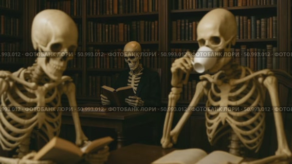 Skeletons sitting in a library reading books and drinking coffee. Стоковое AI-видео, аниматор Екатерина Усенко / Фотобанк Лори