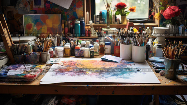 sketchbooks desk photos ai generated. Стоковое AI-изображение, AI-художник Vectorwin / Фотобанк Лори