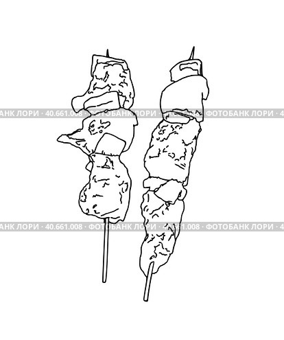 Skewers on a skewer meat beef pork chicken food fast food doodle linear cartoon coloring. Стоковая иллюстрация, иллюстратор Вахминцева Ольга / Фотобанк Лори