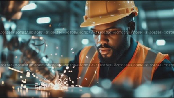 Skilled worker operates welding equipment in industrial setting during daytime hours. Стоковое AI-видео, аниматор Сергей Толмачёв / Фотобанк Лори
