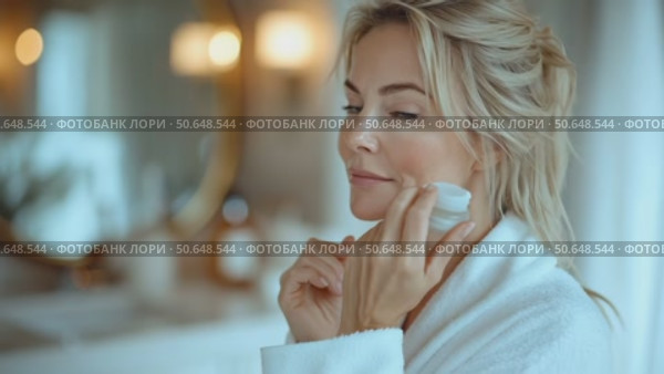 Skincare Routine Update Featuring a Woman Applying Cream in a Bright Bathroom. Стоковое AI-видео, аниматор Юлия Гапеенко / Фотобанк Лори