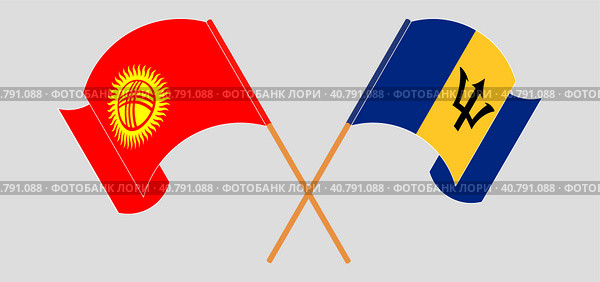 Скрещенные и развевающиеся флаги Киргизии и Барбадоса. Официальные цвета, правильные пропорции. Стоковая иллюстрация, иллюстратор Олег Безруков / Фотобанк Лори