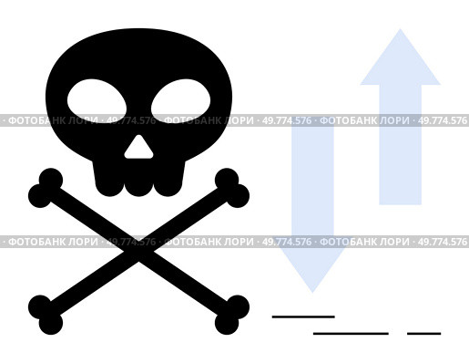 Skull and crossbones with blue arrows represent danger and computational analysis Ideal for themes, of warning data processing cybersecurity digital risk and computing threats Modern minimalist style. Skull and Crossbones with Computational Arrows in Simple Graphic Style. Стоковая иллюстрация, агентство Ingram Publishing / Фотобанк Лори