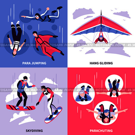 Skydiving concept icons set with hang gliding symbols flat isolated vector illustration. Skydiving Concept Icons Set. Стоковая иллюстрация, агентство Ingram Publishing / Фотобанк Лори