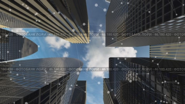 Skyscrapers from below with animated lines representing business networking. Стоковое видео, видеограф Олег Грач / Фотобанк Лори