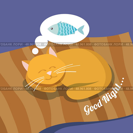 Sleeping cute cat dreaming about fish good night background poster vector illustration. Стоковая иллюстрация, агентство Ingram Publishing / Фотобанк Лори
