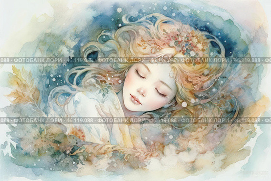 Sleeping girl with golden hair, gently fluttering in the air. Her face is gentle, with relaxed features, giving the image a sense of calm and dreaminess. Flowers, leaves and decorative elements are woven into her hair, creating an impression of fairy tales and nature. The background is done in pastel colors with smooth transitions of blue, gold and white, creating a feeling of lightness, ephemerality and sleep. The picture resembles a dream, dreams, magic, as if the girl is floating in the air or water. The artistic style combines surrealism, romanticism and fantasy motifs. Стоковое AI-изображение, AI-художник Анна Кривицкая / Фотобанк Лори