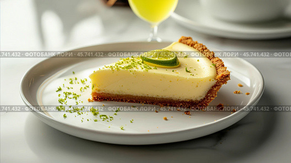 Slice of smooth key lime pie with a graham cracker crust, topped with lime zest and a lime slice, served on a white plate in soft lighting. Стоковое AI-изображение, AI-художник Башкирова Анна / Фотобанк Лори